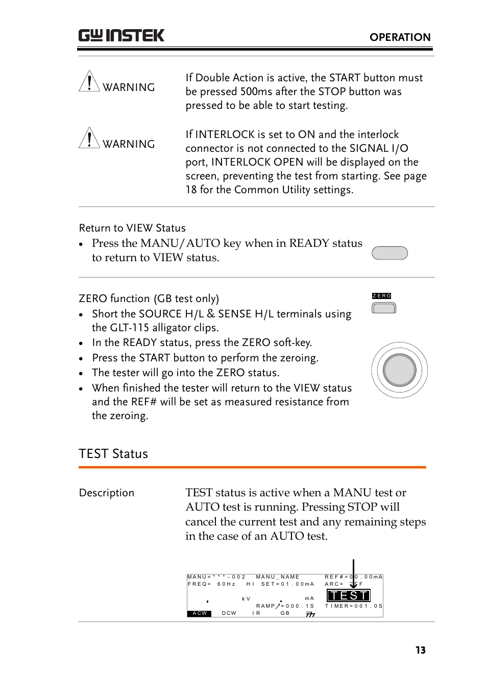 Test status, Operation, Zero function (gb test only) | Press the start button to perform the zeroing, The tester will go into the zero status, Se t | GW Instek GPT-9800 series Quick Start Guide User Manual | Page 13 / 20