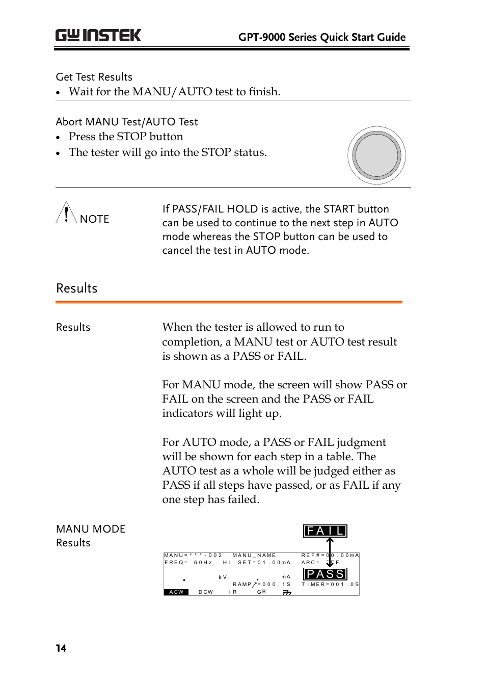 Results, Gpt-9000 series quick start guide, Get test results | Press the stop button, The tester will go into the stop status, Sa p, Si a f | GW Instek GPT-9800 series Quick Start Guide User Manual | Page 14 / 20