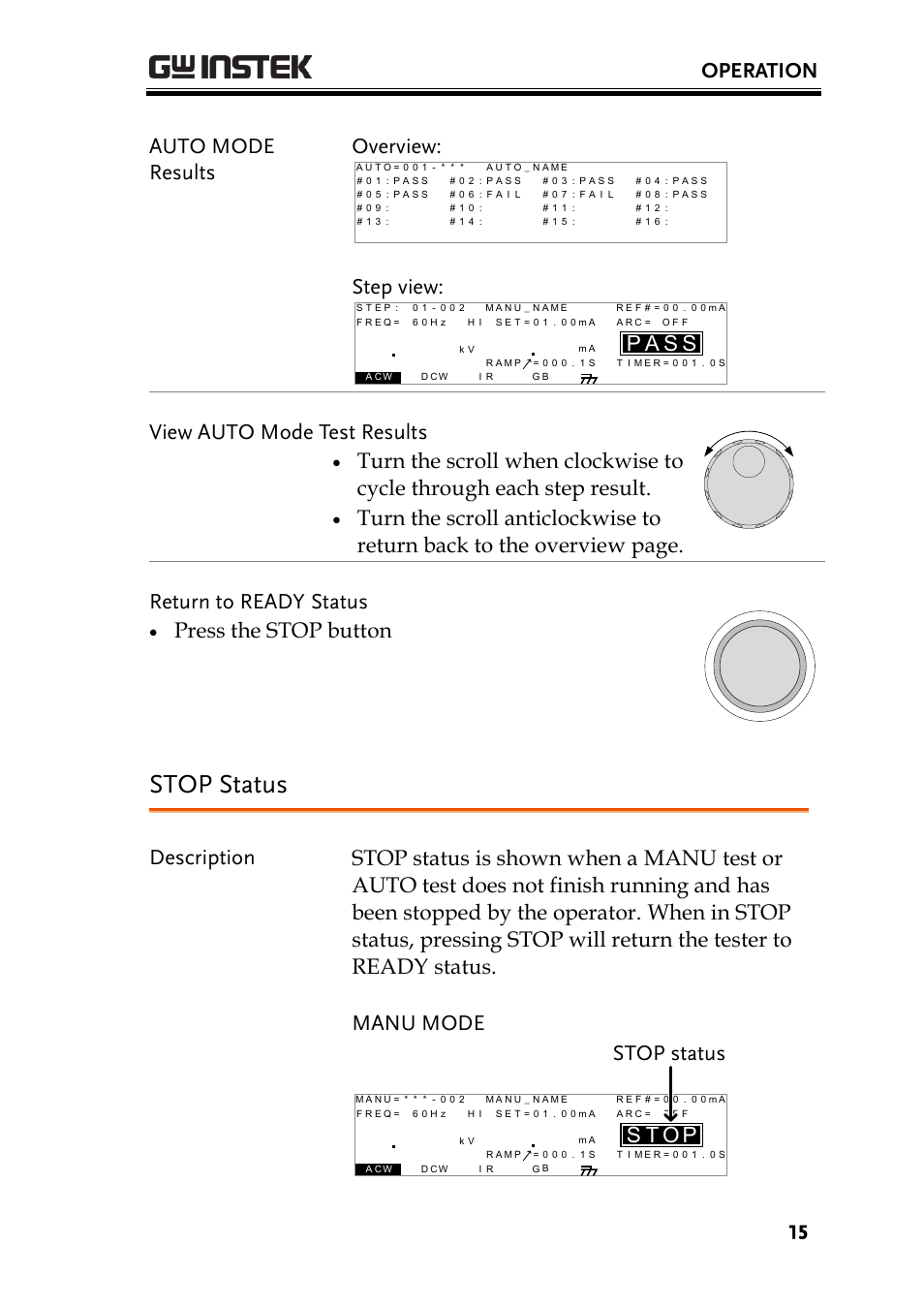 Stop status, Operation, Auto mode results overview | Step view, Sa p, View auto mode test results, Press the stop button, Ot s | GW Instek GPT-9800 series Quick Start Guide User Manual | Page 15 / 20