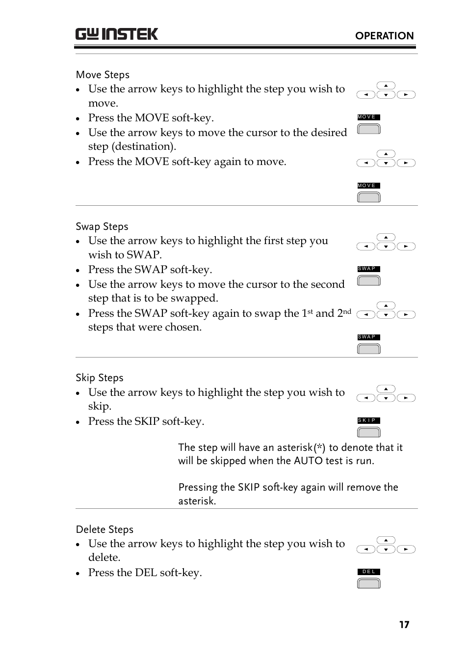 Operation, Move steps, Press the move soft-key | Press the move soft-key again to move, Swap steps, Press the swap soft-key, Press the swap soft-key again to swap the 1, And 2, Steps that were chosen, Skip steps | GW Instek GPT-9800 series Quick Start Guide User Manual | Page 17 / 20