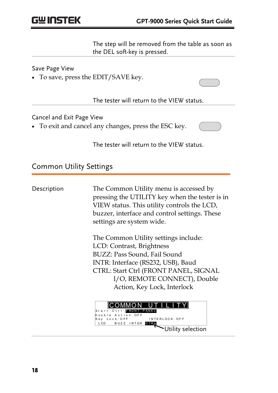 Common utility settings, Gpt-9000 series quick start guide, The tester will return to the view status | GW Instek GPT-9800 series Quick Start Guide User Manual | Page 18 / 20