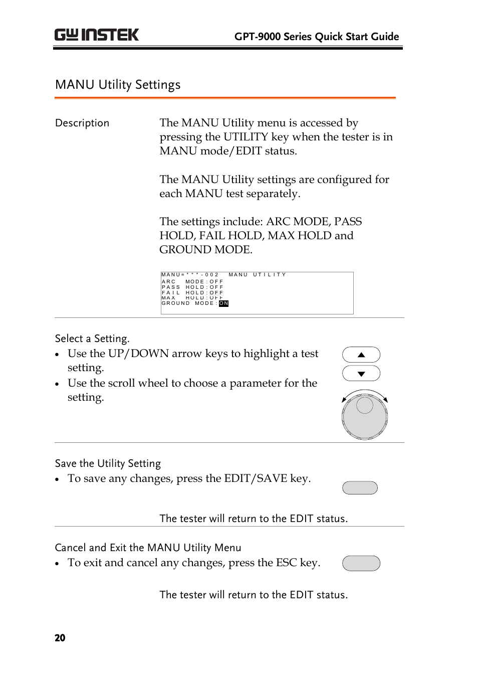 Manu utility settings, Gpt-9000 series quick start guide, Select a setting | The tester will return to the edit status | GW Instek GPT-9800 series Quick Start Guide User Manual | Page 20 / 20