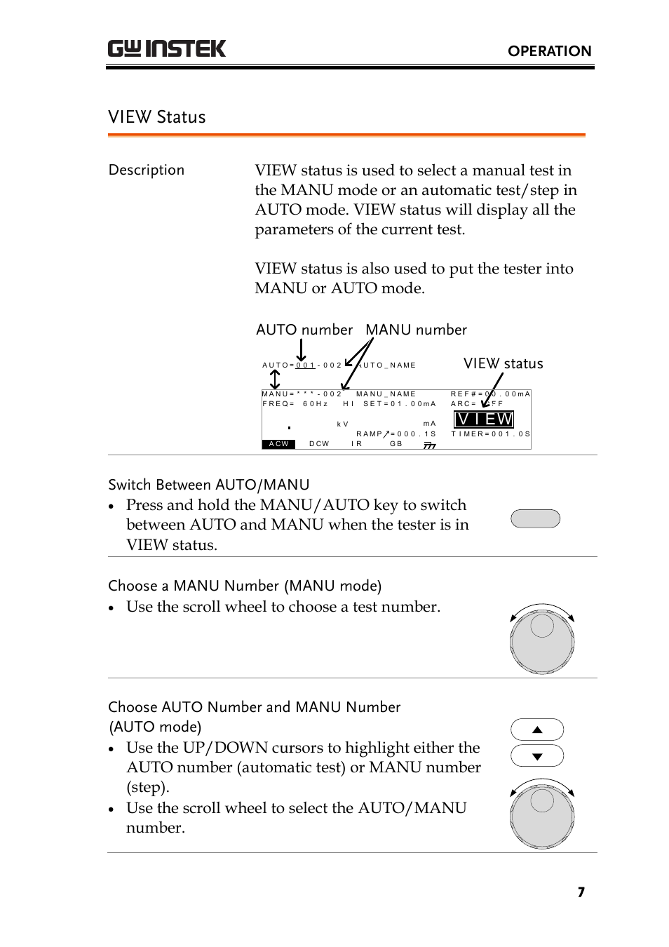View status, Operation, Ei v | Wview status, Auto number manu number, Switch between auto/manu, Choose a manu number (manu mode) | GW Instek GPT-9800 series Quick Start Guide User Manual | Page 7 / 20