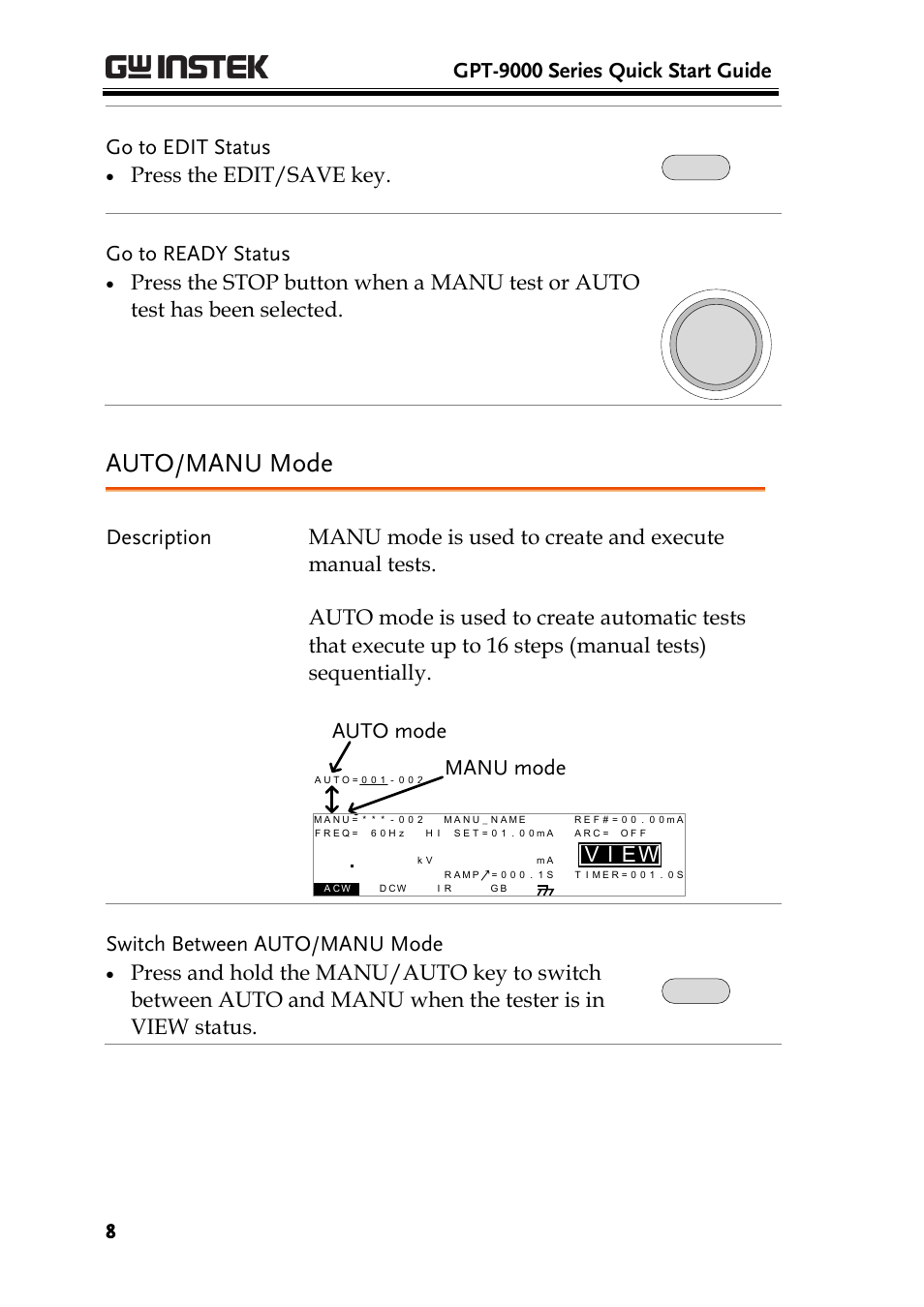 Auto/manu mode, Gpt-9000 series quick start guide, Go to edit status | Press the edit/save key, Go to ready status, Ei v, Auto mode manu mode, Switch between auto/manu mode | GW Instek GPT-9800 series Quick Start Guide User Manual | Page 8 / 20