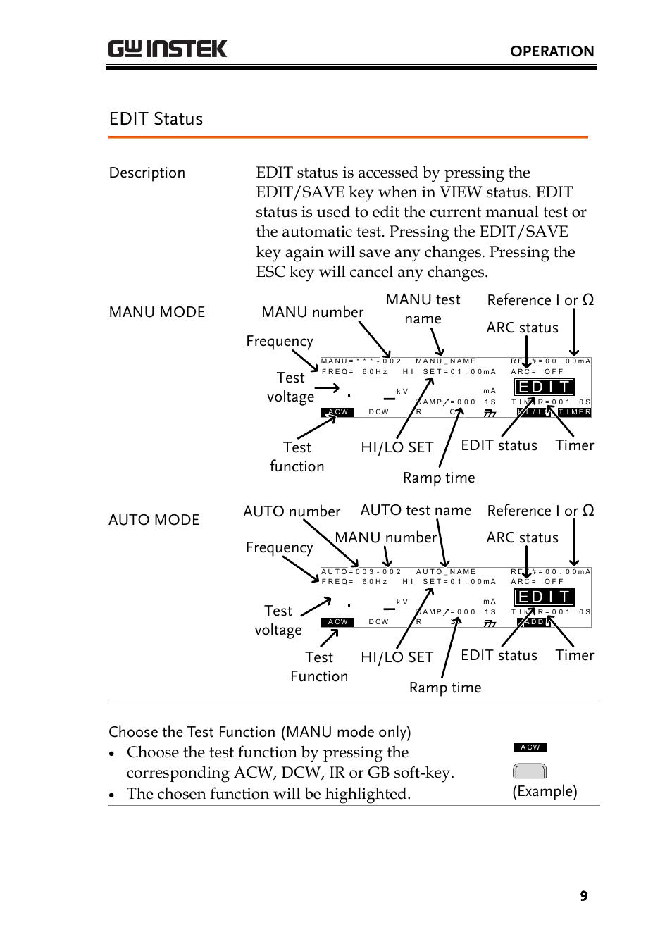 Edit status, Operation, Id e | Auto mode, Choose the test function (manu mode only), The chosen function will be highlighted, Example) | GW Instek GPT-9800 series Quick Start Guide User Manual | Page 9 / 20