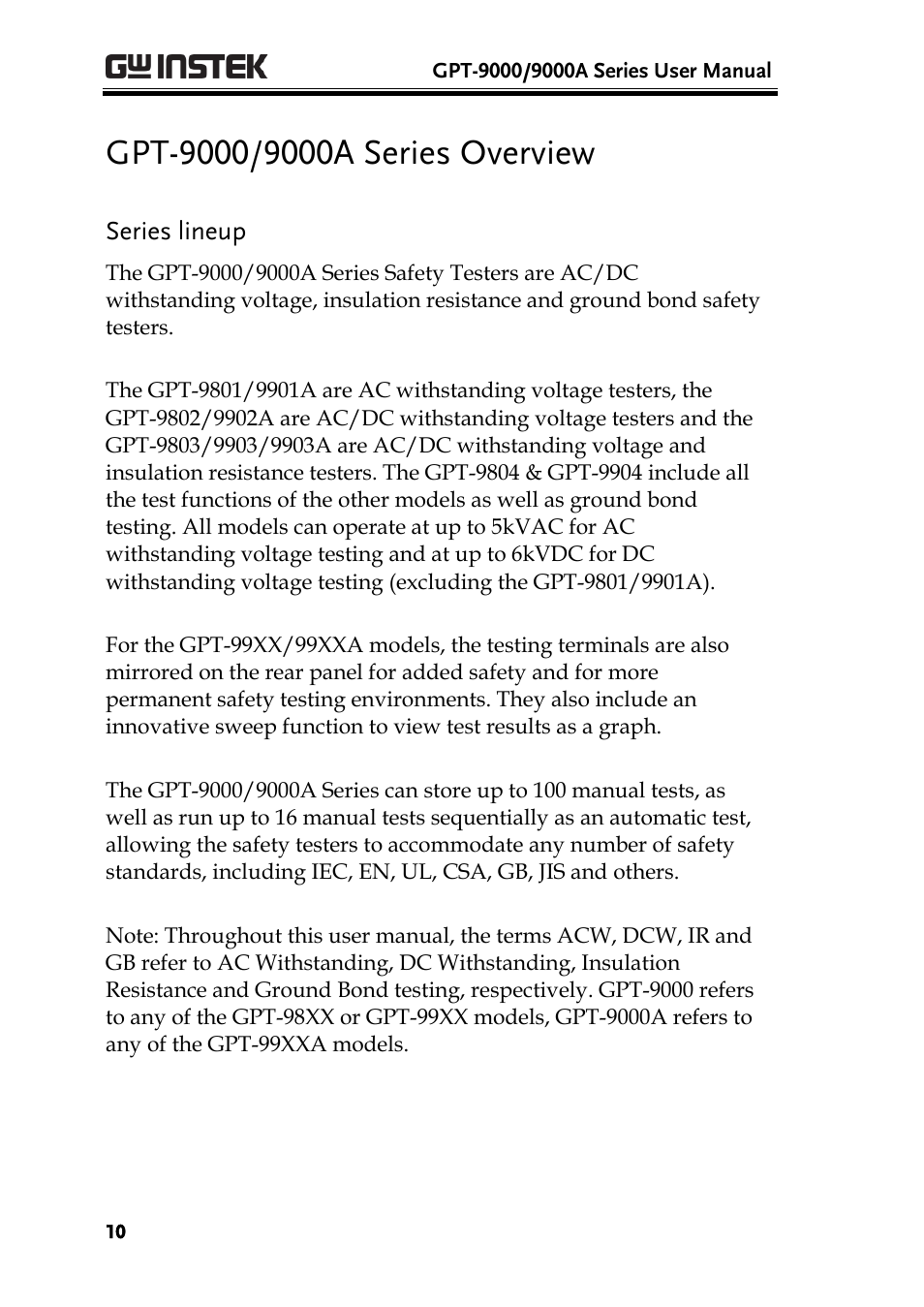 Gpt-9000/9000a series overview, Series lineup | GW Instek GPT-9900 series User Manual User Manual | Page 10 / 179