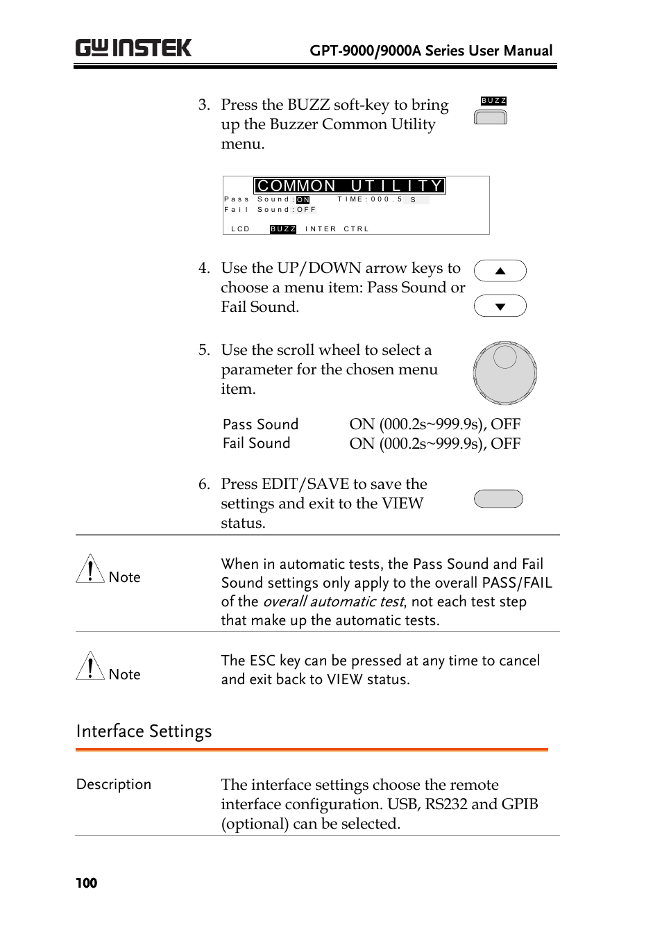 Interface settings, E 100, Overall | Automatic test, Mo c mo | GW Instek GPT-9900 series User Manual User Manual | Page 100 / 179