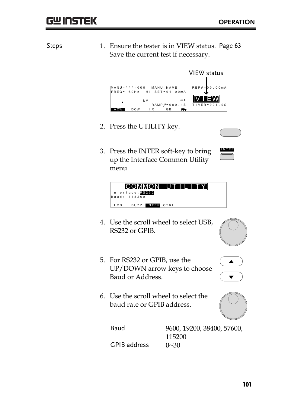 Operation, Ei v, View status 2. press the utility key | Mo c mo | GW Instek GPT-9900 series User Manual User Manual | Page 101 / 179