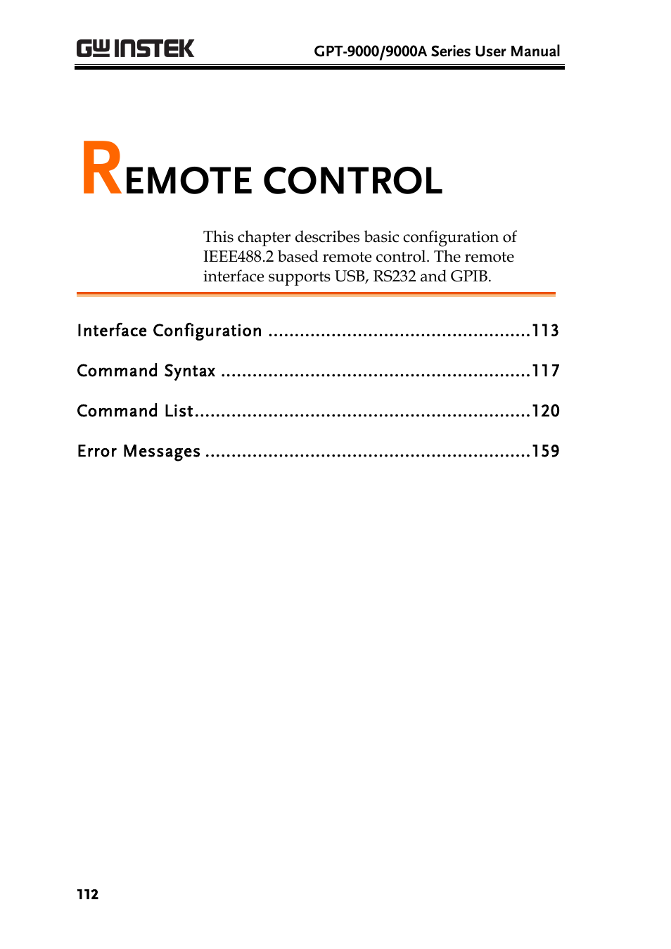 Remote control, Emote control | GW Instek GPT-9900 series User Manual User Manual | Page 112 / 179