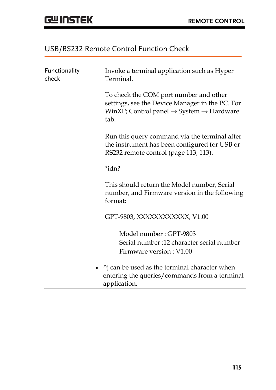Usb/rs232 remote control function check | GW Instek GPT-9900 series User Manual User Manual | Page 115 / 179