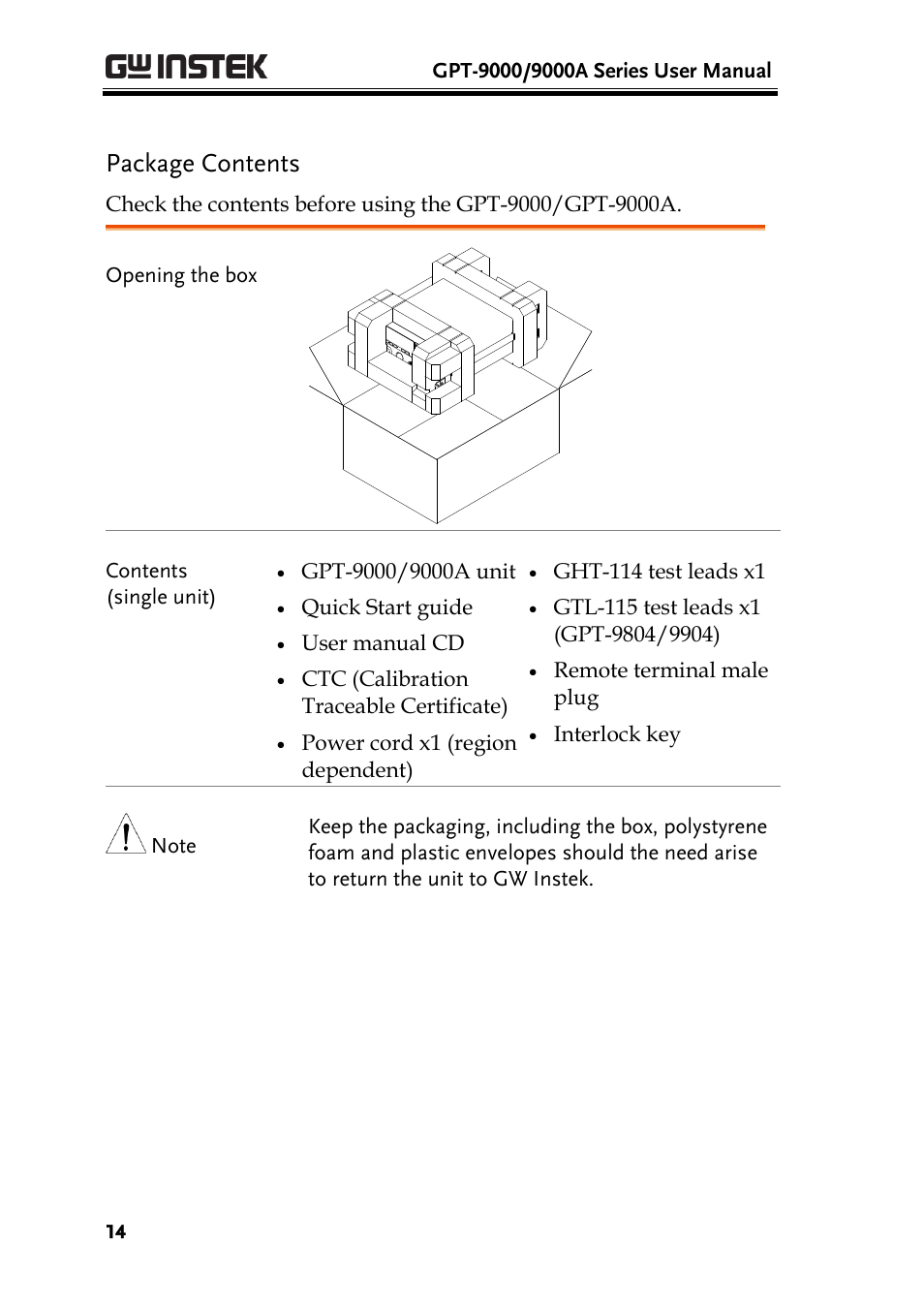 Package contents | GW Instek GPT-9900 series User Manual User Manual | Page 14 / 179