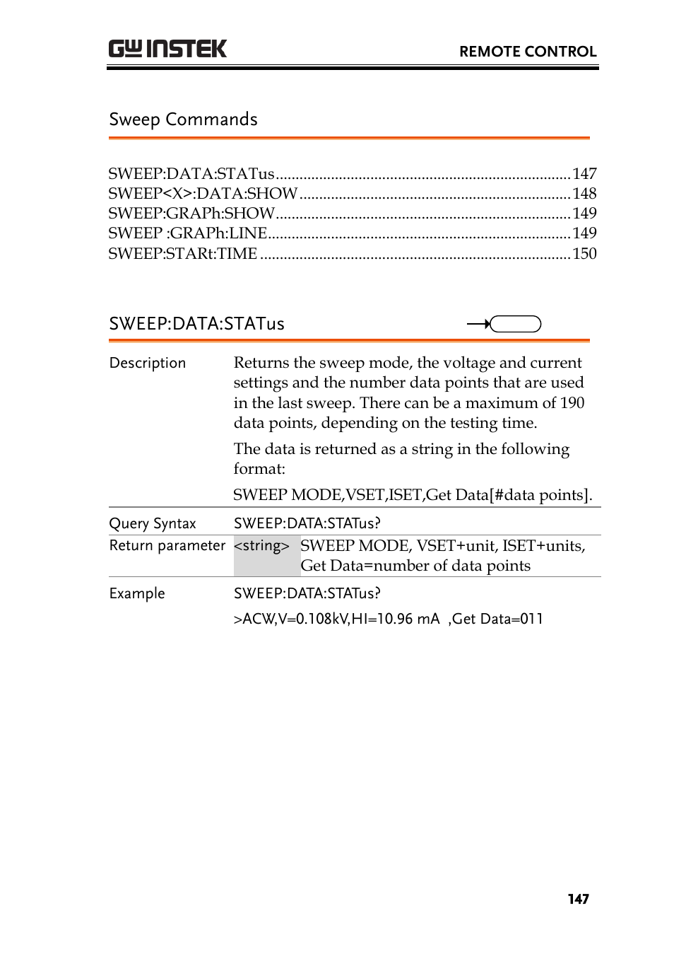 Sweep commands, Sweep:data:status | GW Instek GPT-9900 series User Manual User Manual | Page 147 / 179