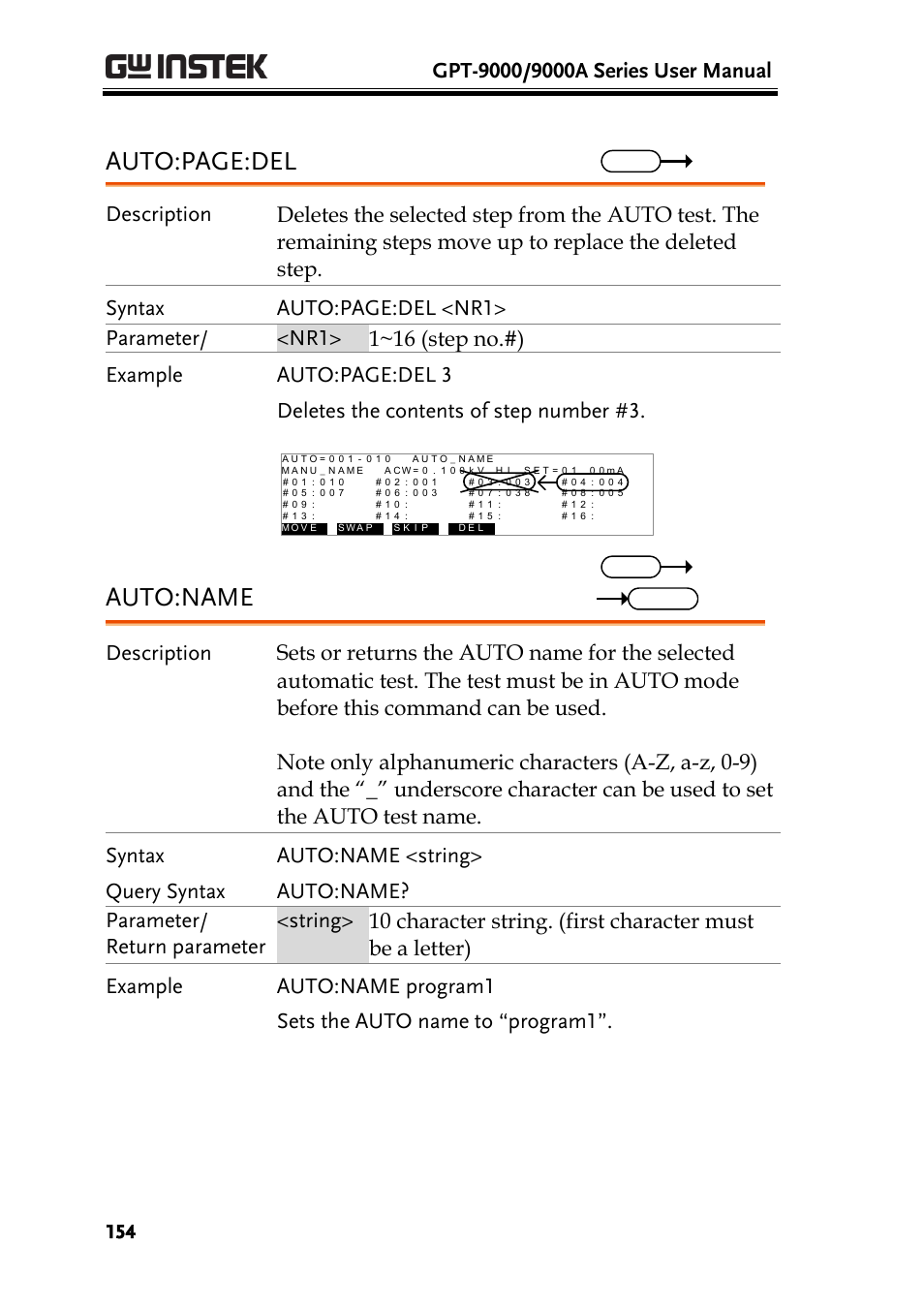 Auto:page:del, Auto:name, Set query | GW Instek GPT-9900 series User Manual User Manual | Page 154 / 179