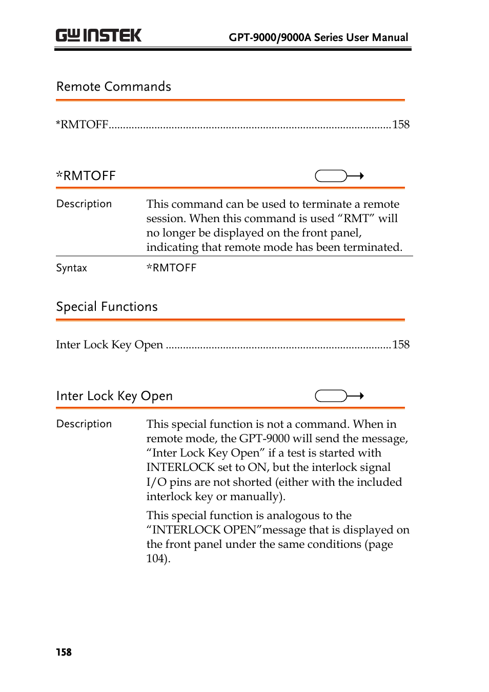 Remote commands, Special functions, Rmtoff | Inter lock key open | GW Instek GPT-9900 series User Manual User Manual | Page 158 / 179