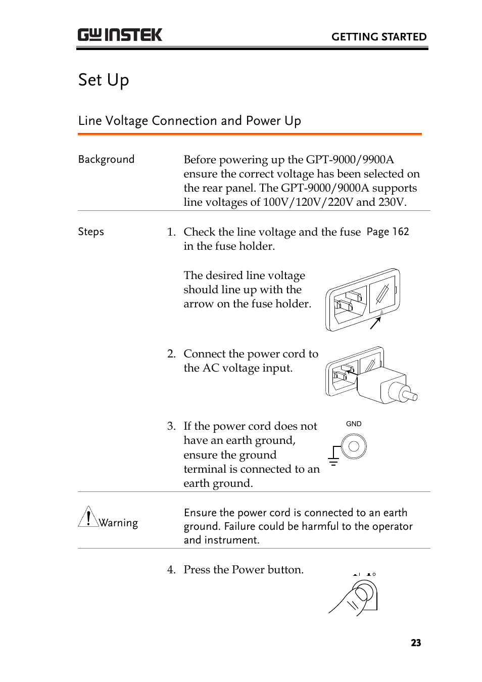 Set up, Line voltage connection and power up, Getting started | Connect the power cord to the ac voltage input | GW Instek GPT-9900 series User Manual User Manual | Page 23 / 179