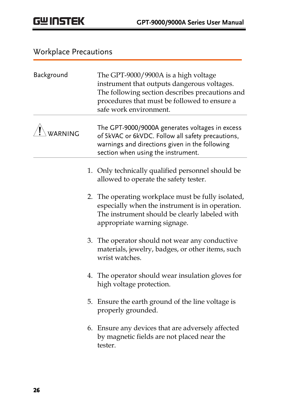 Workplace precautions | GW Instek GPT-9900 series User Manual User Manual | Page 26 / 179