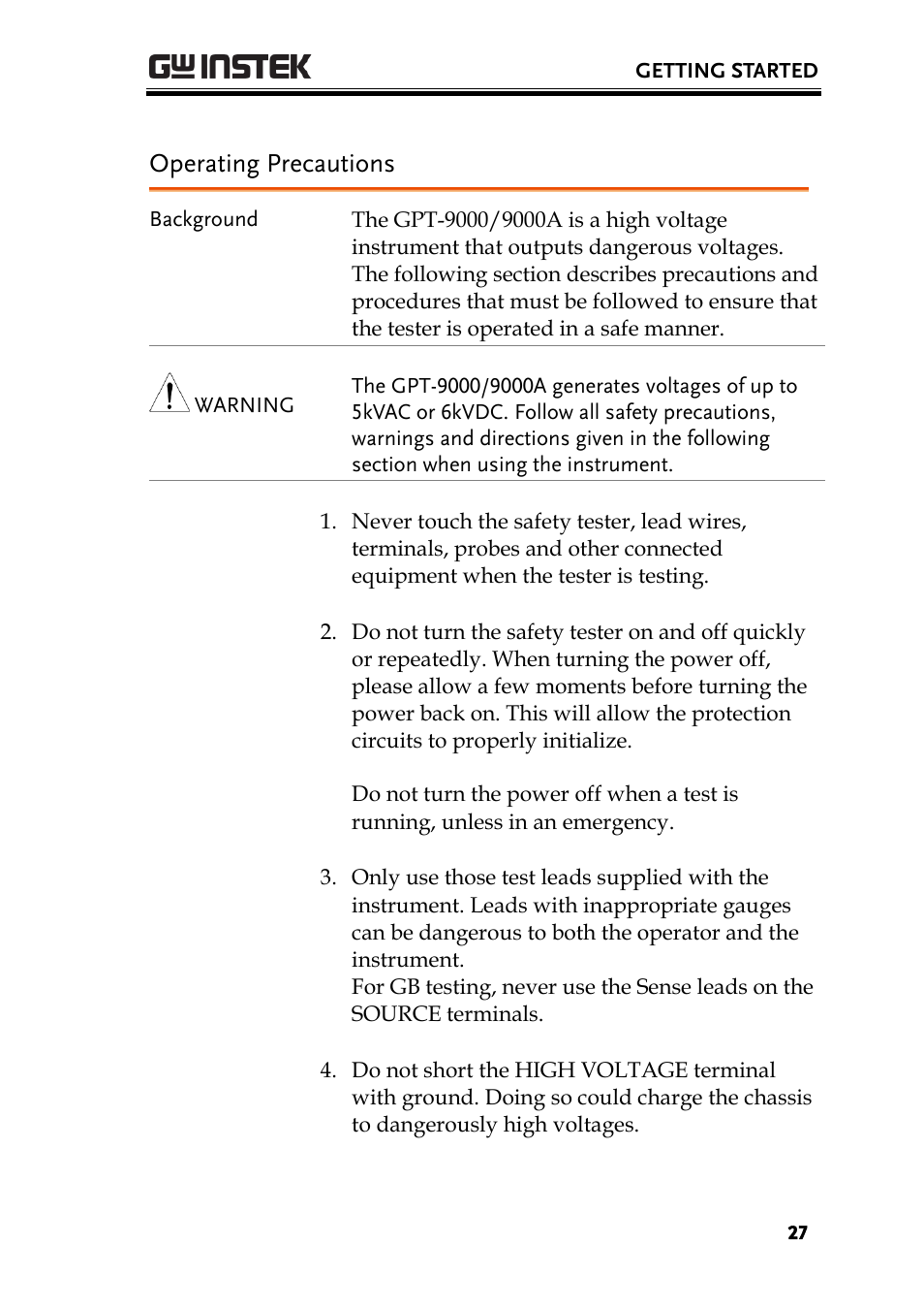 Operating precautions | GW Instek GPT-9900 series User Manual User Manual | Page 27 / 179