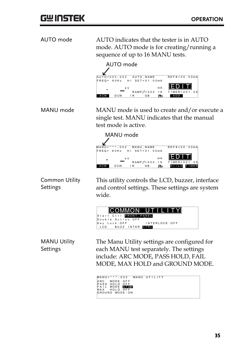 Operation, Id e, Auto mode | Manu mode, Mo c mo | GW Instek GPT-9900 series User Manual User Manual | Page 35 / 179