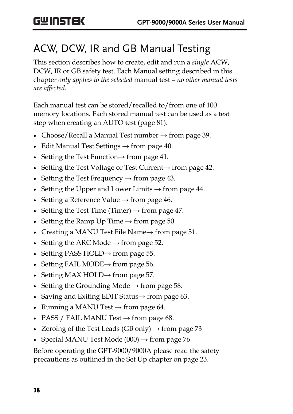 Acw, dcw, ir and gb manual testing | GW Instek GPT-9900 series User Manual User Manual | Page 38 / 179
