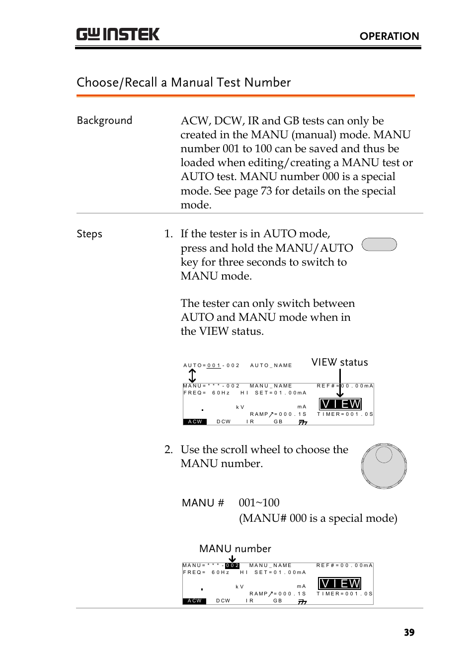 Choose/recall a manual test number, Operation, Ei v | Wview status, Manu number | GW Instek GPT-9900 series User Manual User Manual | Page 39 / 179