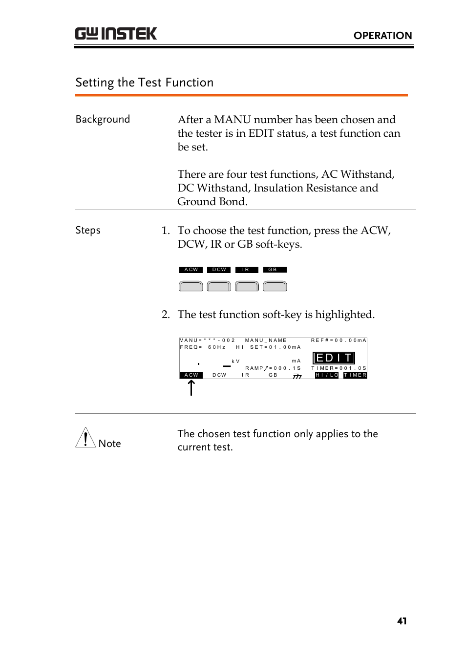 Setting the test function, Operation, The test function soft-key is highlighted | Id e, Test function | GW Instek GPT-9900 series User Manual User Manual | Page 41 / 179