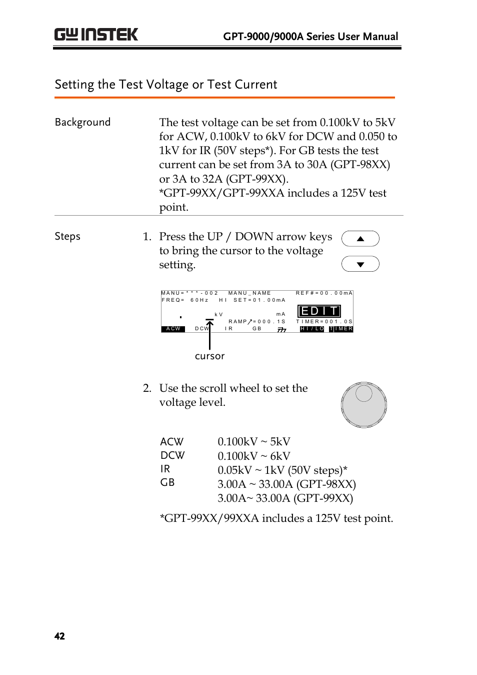 Setting the test voltage or test current, Id e, Cursor | GW Instek GPT-9900 series User Manual User Manual | Page 42 / 179