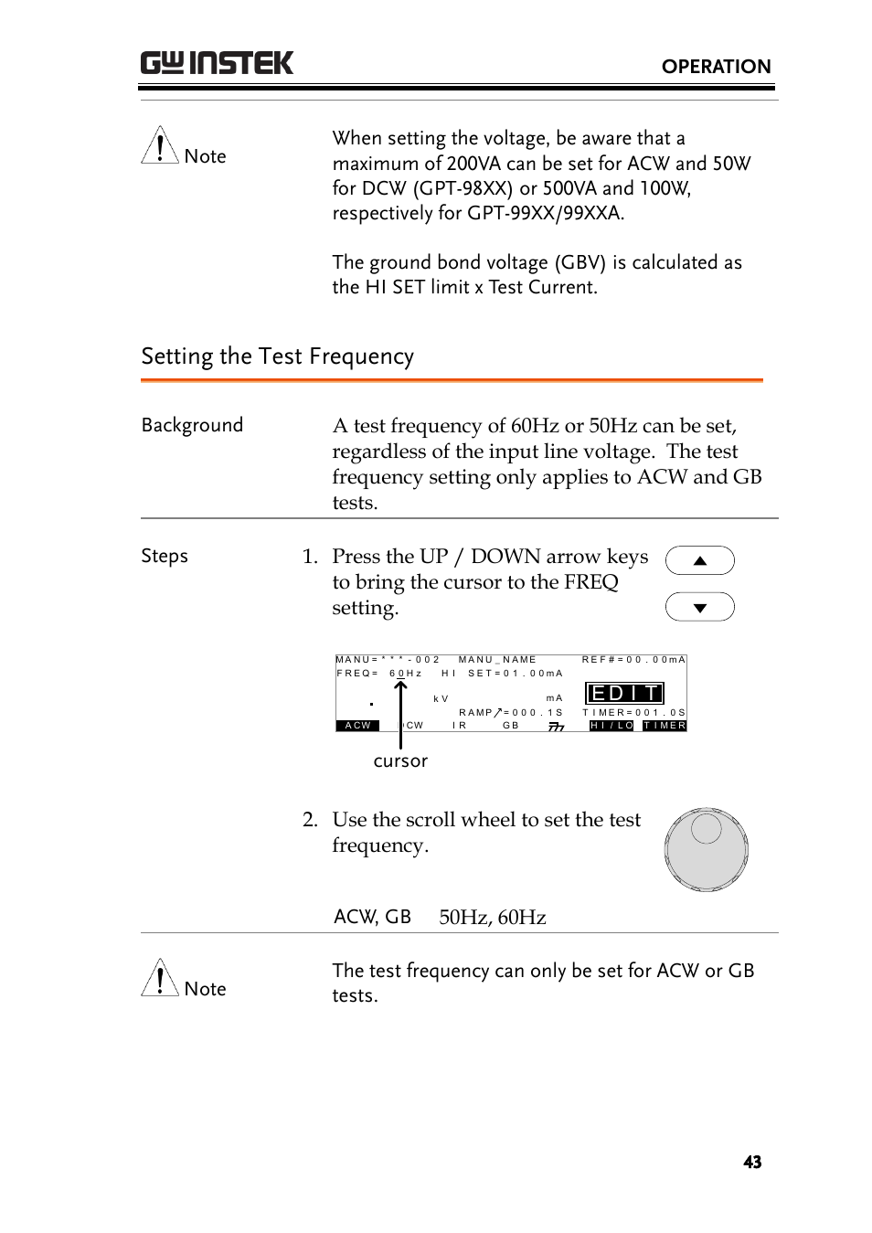 Setting the test frequency, Operation, Id e | GW Instek GPT-9900 series User Manual User Manual | Page 43 / 179