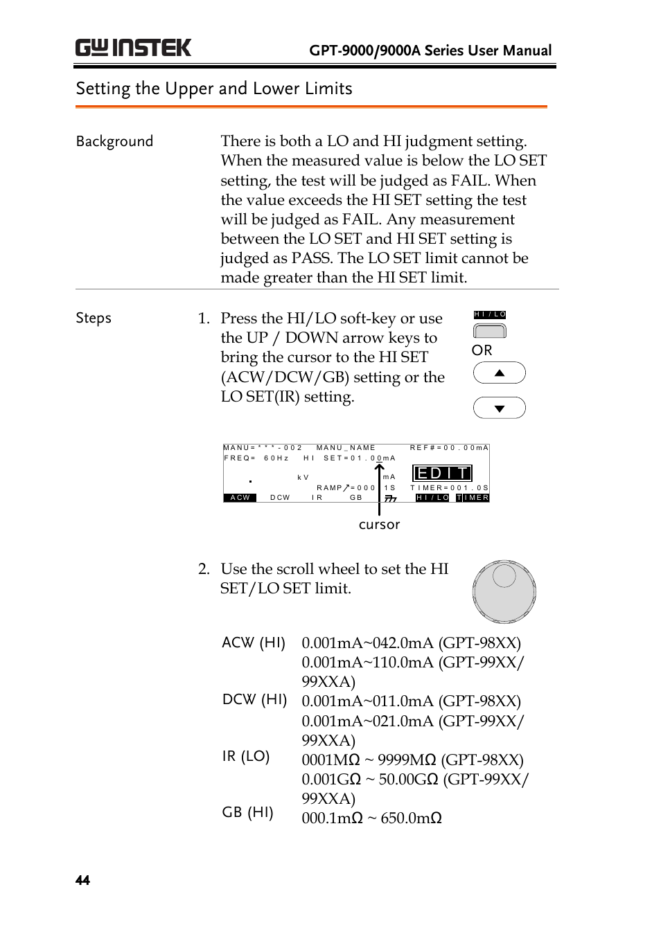Setting the upper and lower limits, Id e, Cursor | GW Instek GPT-9900 series User Manual User Manual | Page 44 / 179