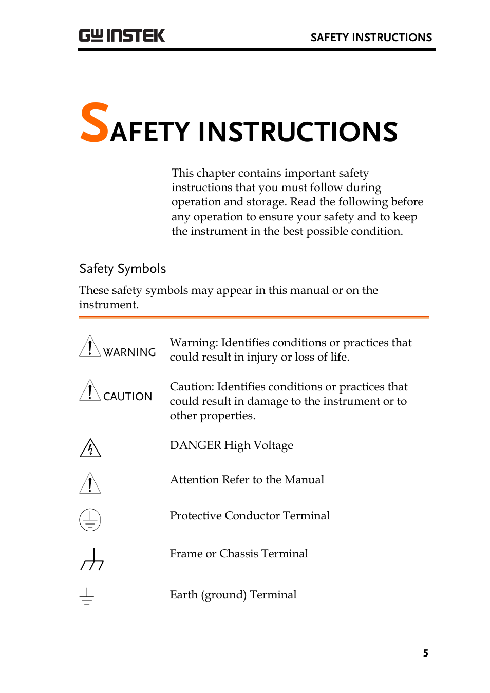 Safety instructions, Safety symbols, Afety instructions | GW Instek GPT-9900 series User Manual User Manual | Page 5 / 179
