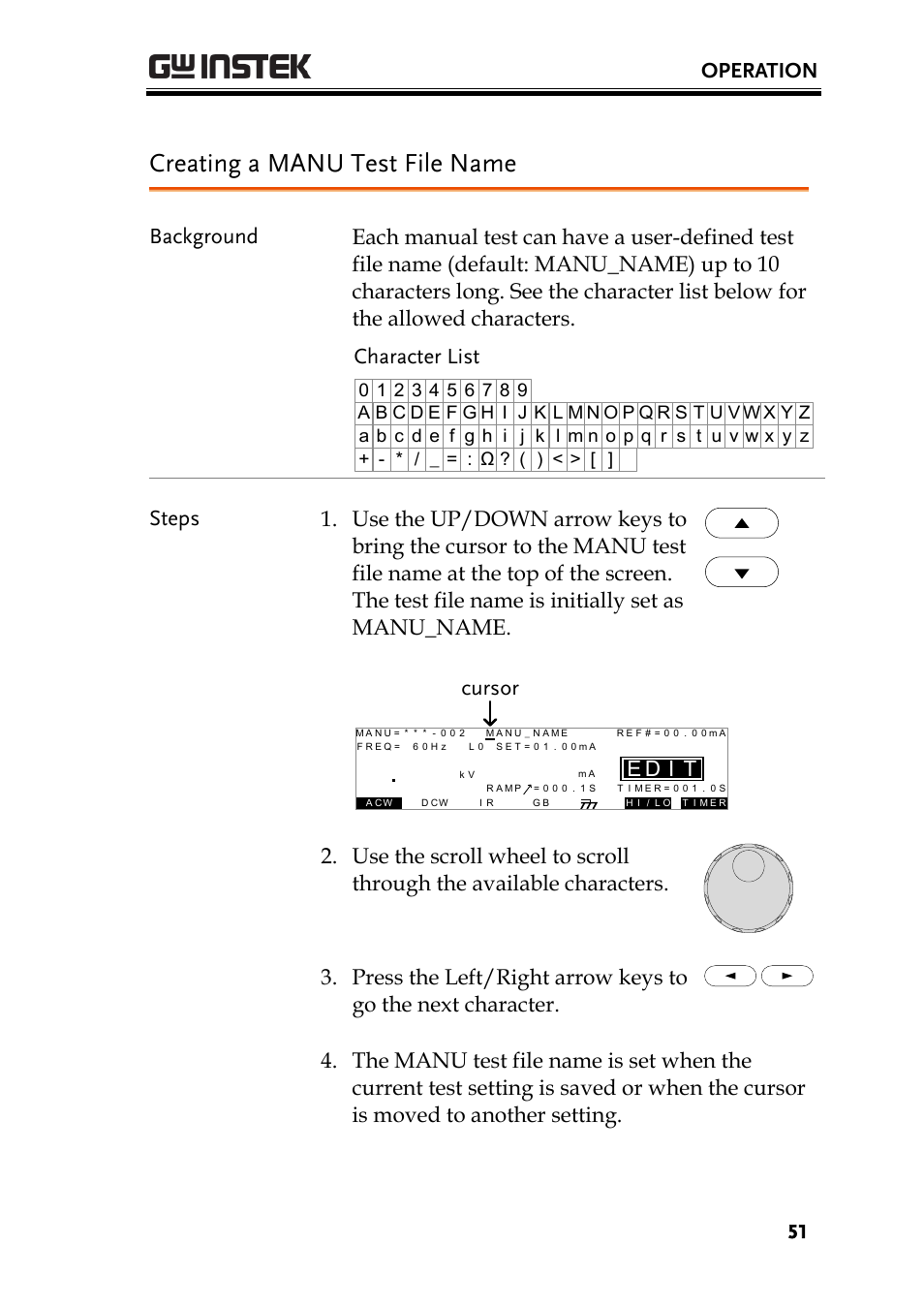 Creating a manu test file name, Operation, Id e | GW Instek GPT-9900 series User Manual User Manual | Page 51 / 179