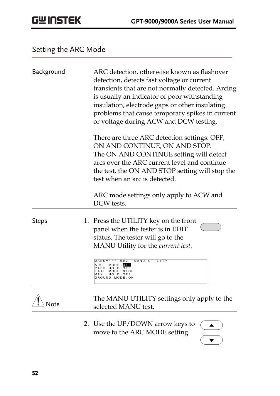 Setting the arc mode | GW Instek GPT-9900 series User Manual User Manual | Page 52 / 179