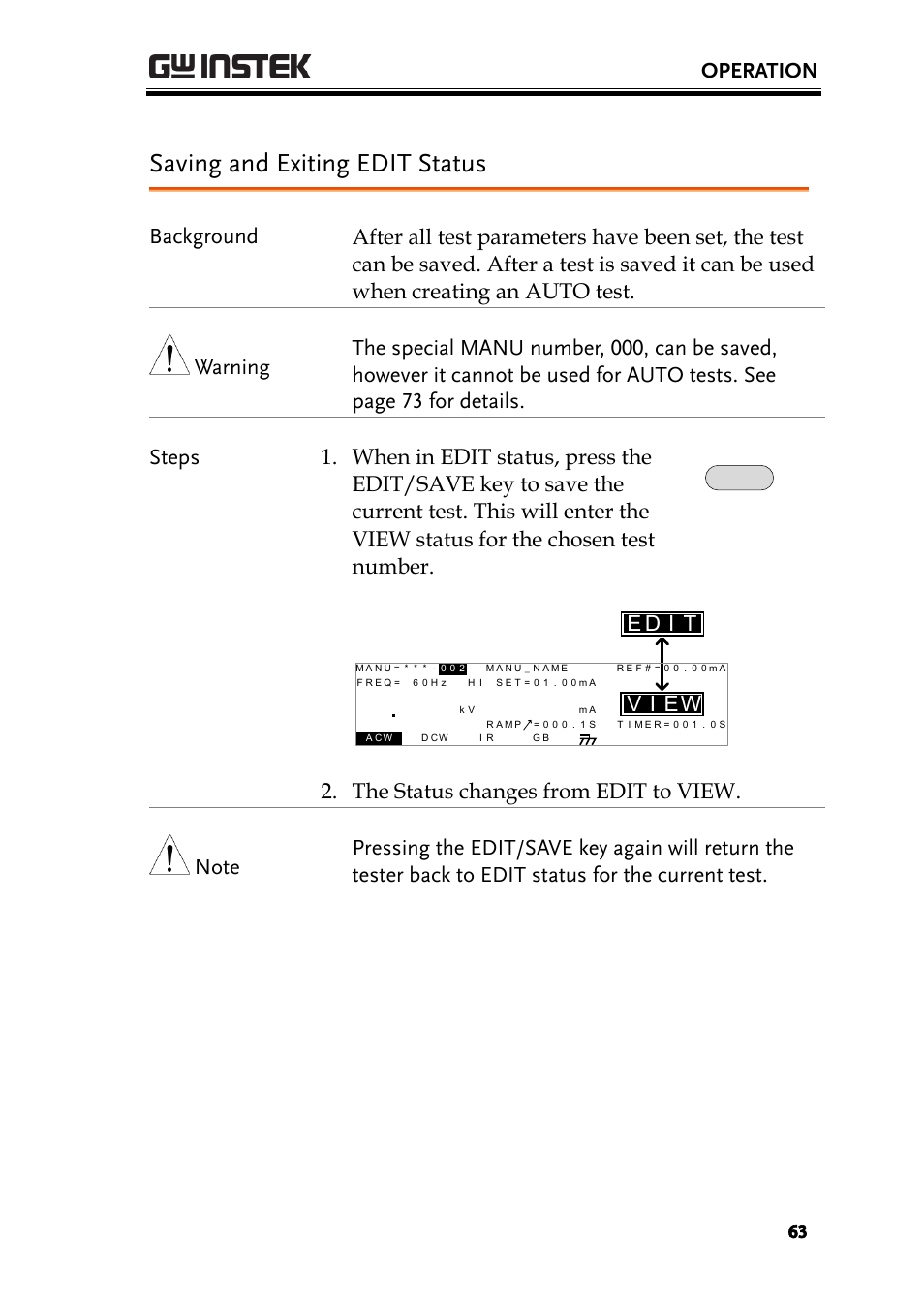 Saving and exiting edit status, Operation, Ei v | Id e | GW Instek GPT-9900 series User Manual User Manual | Page 63 / 179