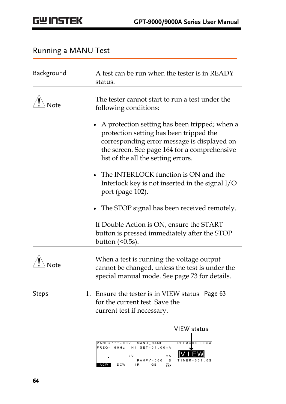 Running a manu test, Ei v, Wview status | GW Instek GPT-9900 series User Manual User Manual | Page 64 / 179