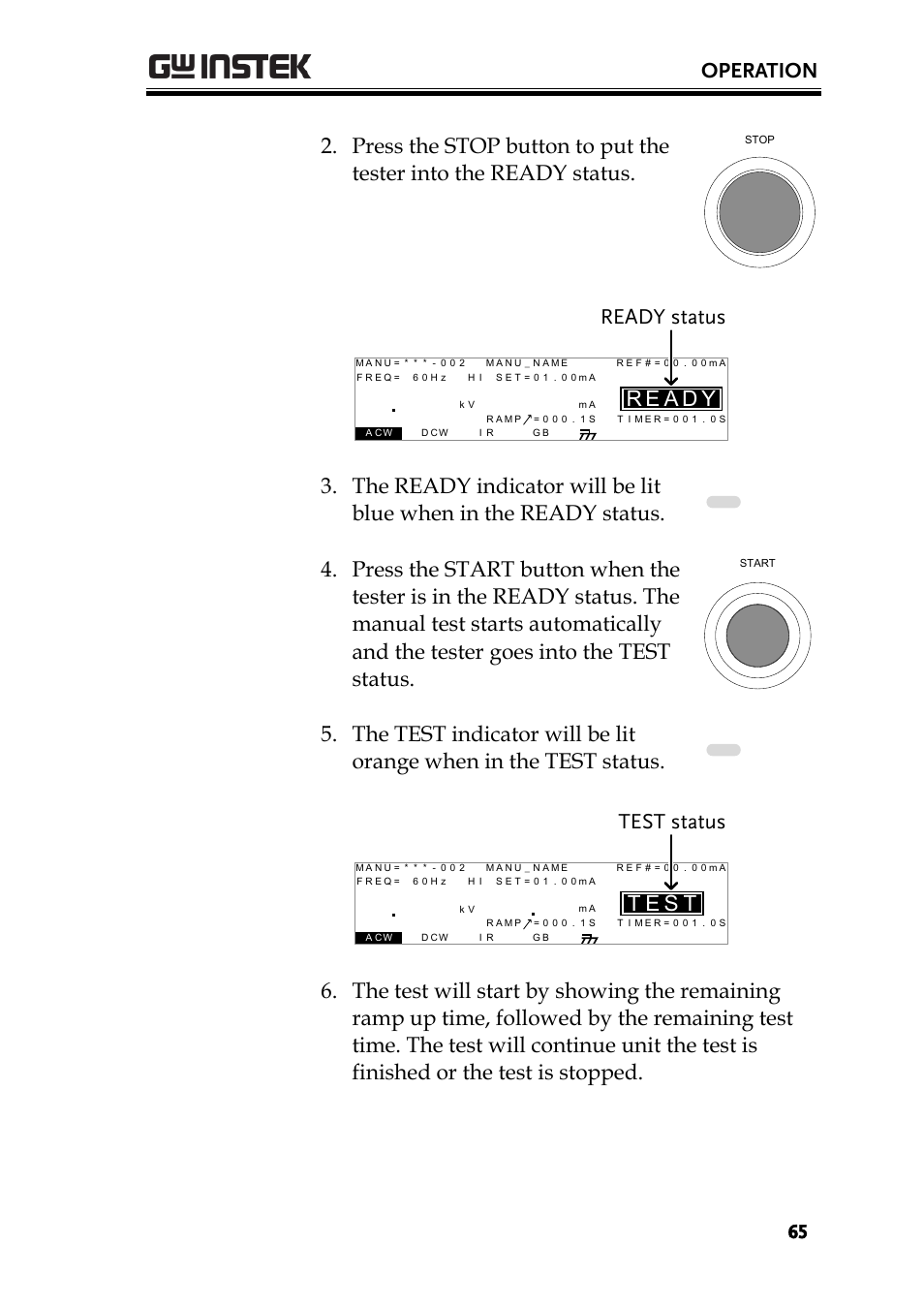 Operation, Ae r, Ready status | Se t, Test status | GW Instek GPT-9900 series User Manual User Manual | Page 65 / 179