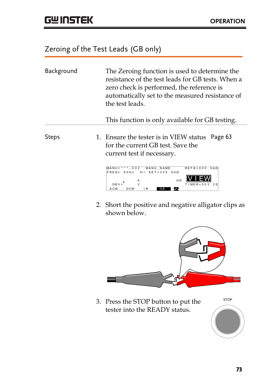 Zeroing of the test leads (gb only), Operation, Ei v | GW Instek GPT-9900 series User Manual User Manual | Page 73 / 179