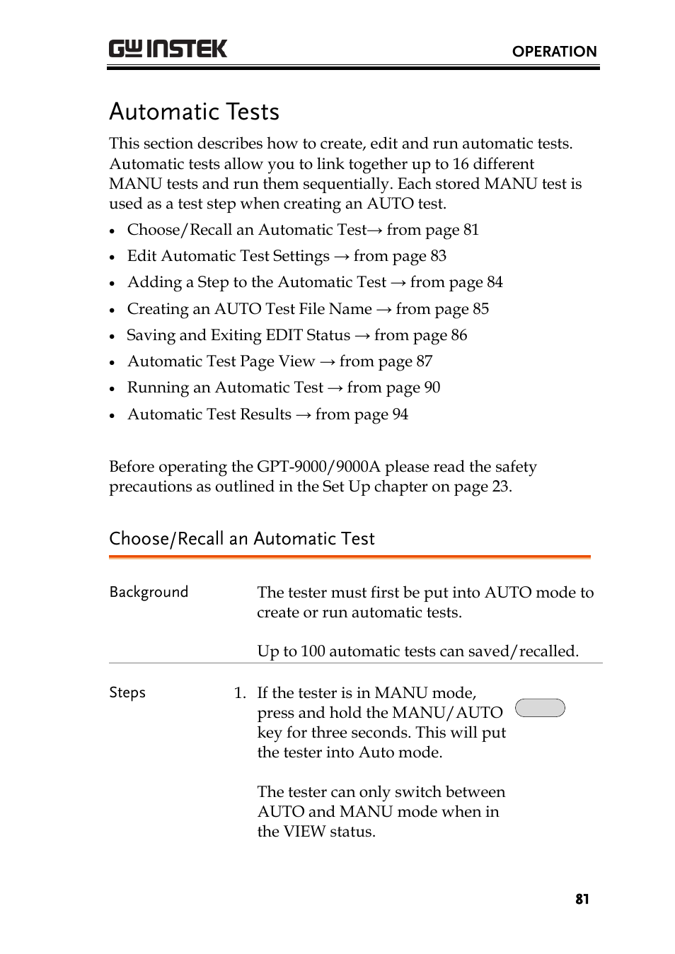 Automatic tests, Choose/recall an automatic test | GW Instek GPT-9900 series User Manual User Manual | Page 81 / 179