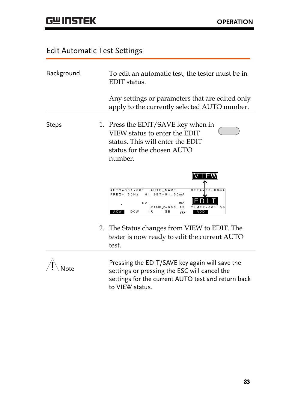 Edit automatic test settings, Operation, Id e | Ei v | GW Instek GPT-9900 series User Manual User Manual | Page 83 / 179