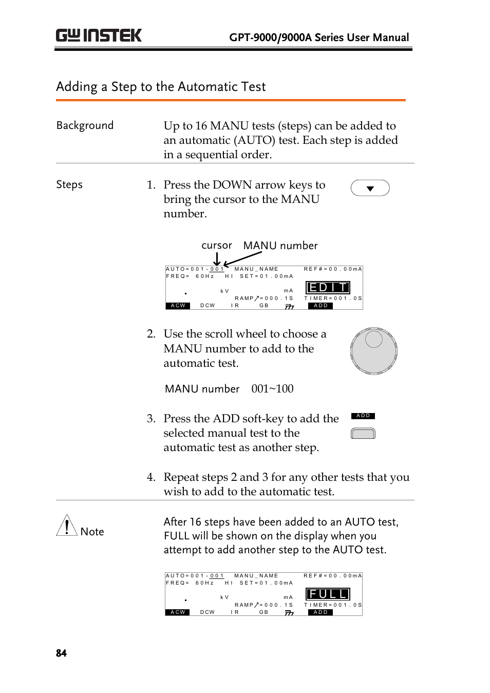 Adding a step to the automatic test, Cursor manu number, Id e | Lu f | GW Instek GPT-9900 series User Manual User Manual | Page 84 / 179