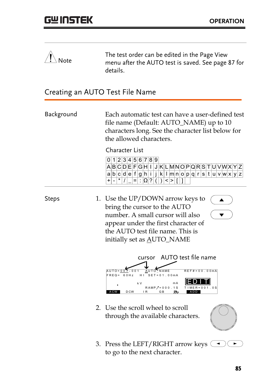 Creating an auto test file name, Operation, Id e | GW Instek GPT-9900 series User Manual User Manual | Page 85 / 179