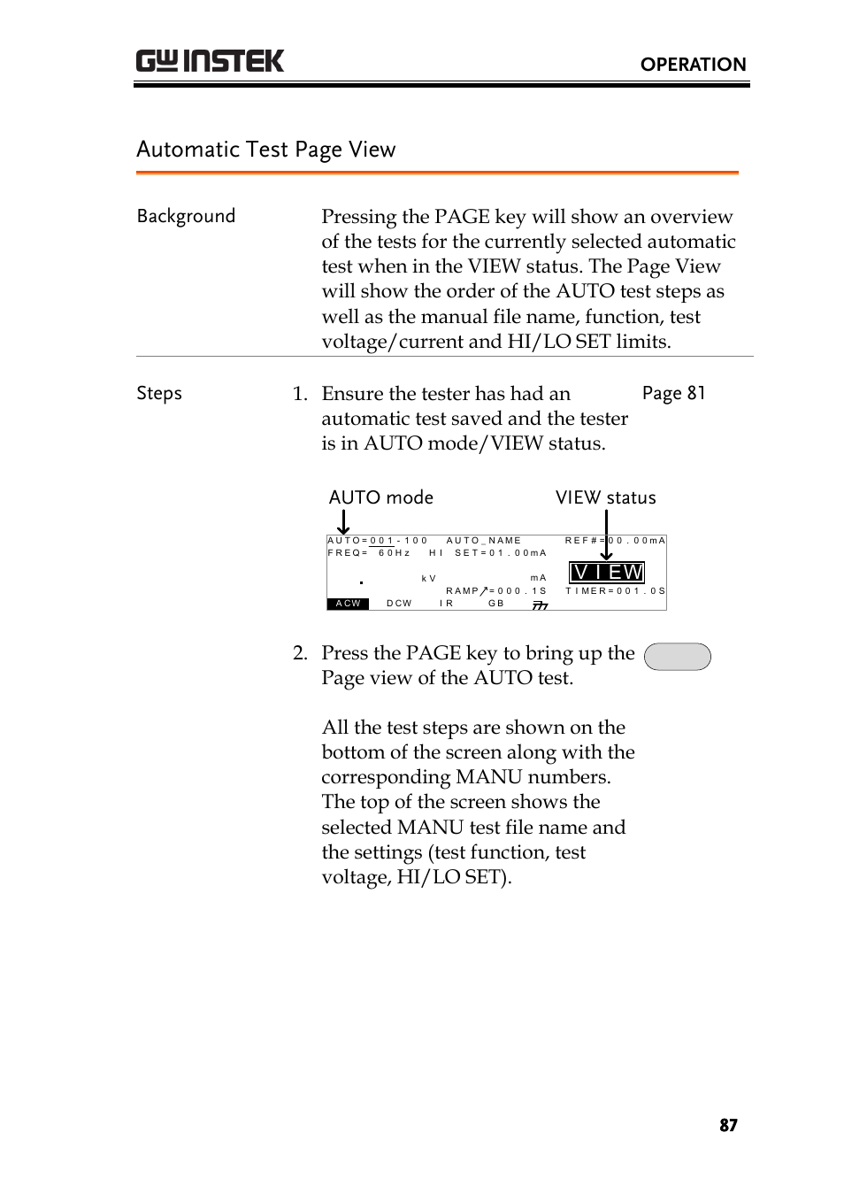 Automatic test page view, Operation, Ei v | Wview status, Auto mode | GW Instek GPT-9900 series User Manual User Manual | Page 87 / 179