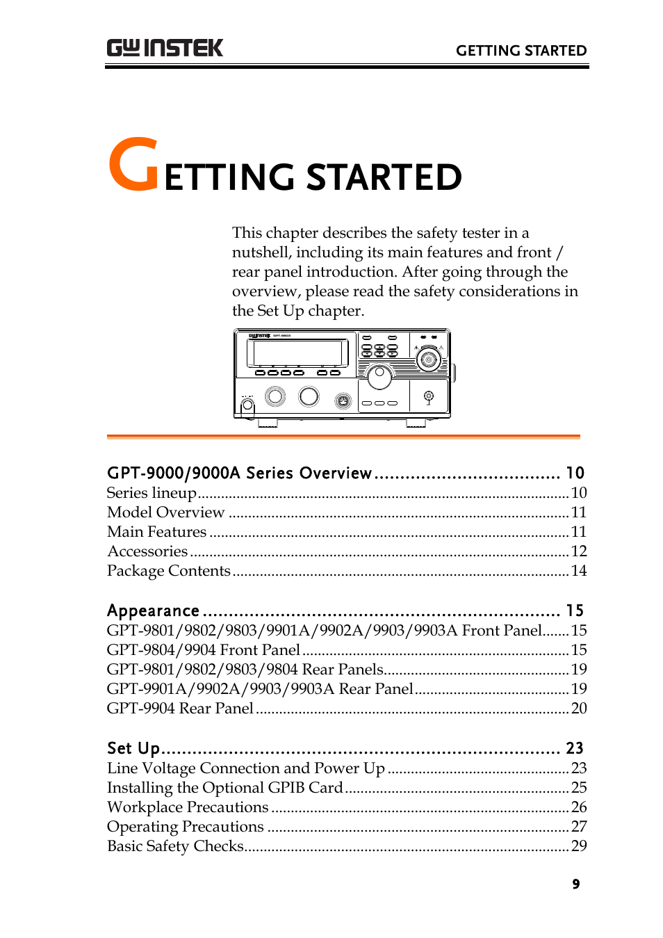 Getting started, Etting started, Appearance | Set up, Series lineup, Model overview, Main features, Accessories, Package contents, Gpt-9904 rear panel | GW Instek GPT-9900 series User Manual User Manual | Page 9 / 179