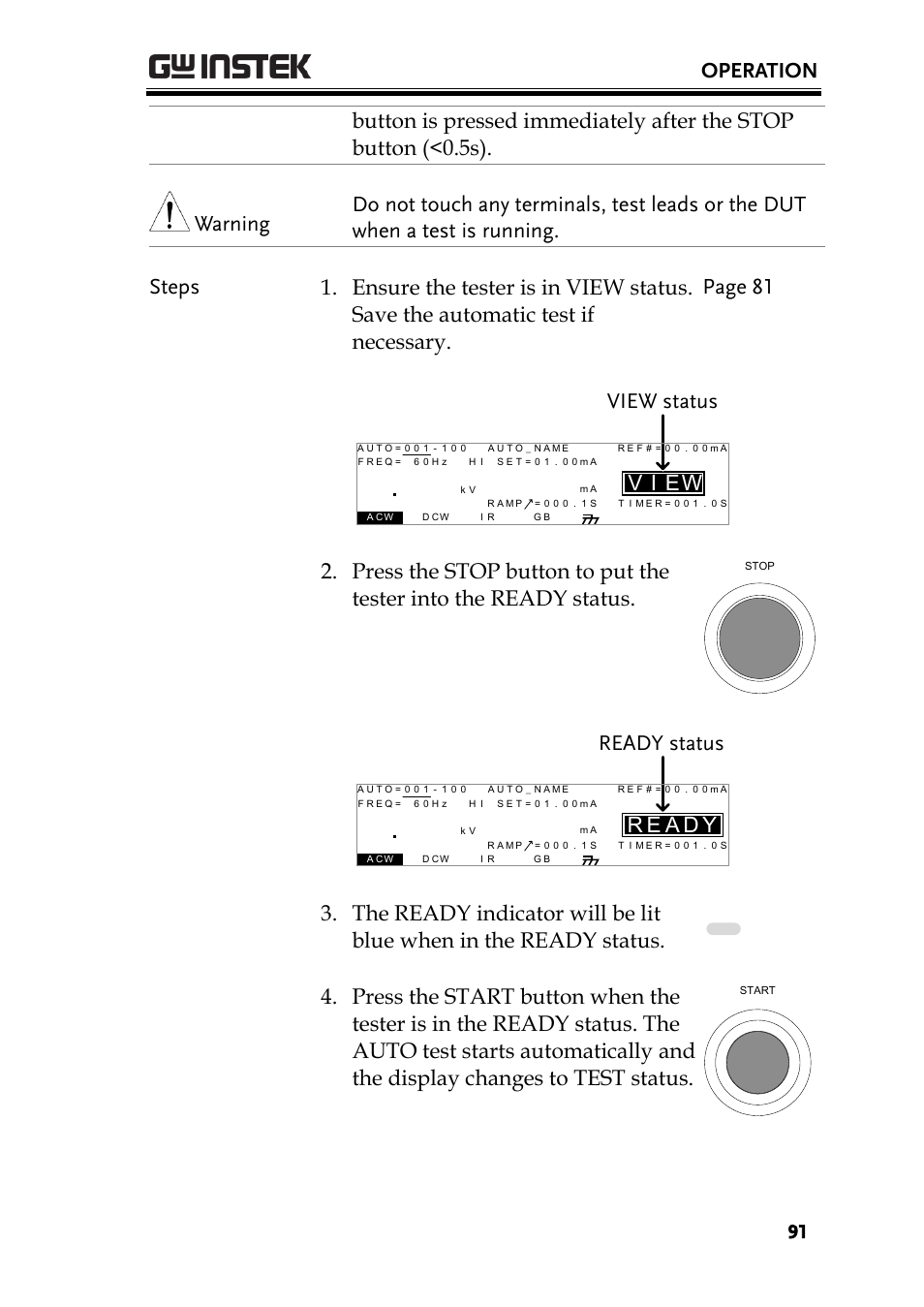 Operation, Ei v, View status | Ae r, Yready status | GW Instek GPT-9900 series User Manual User Manual | Page 91 / 179