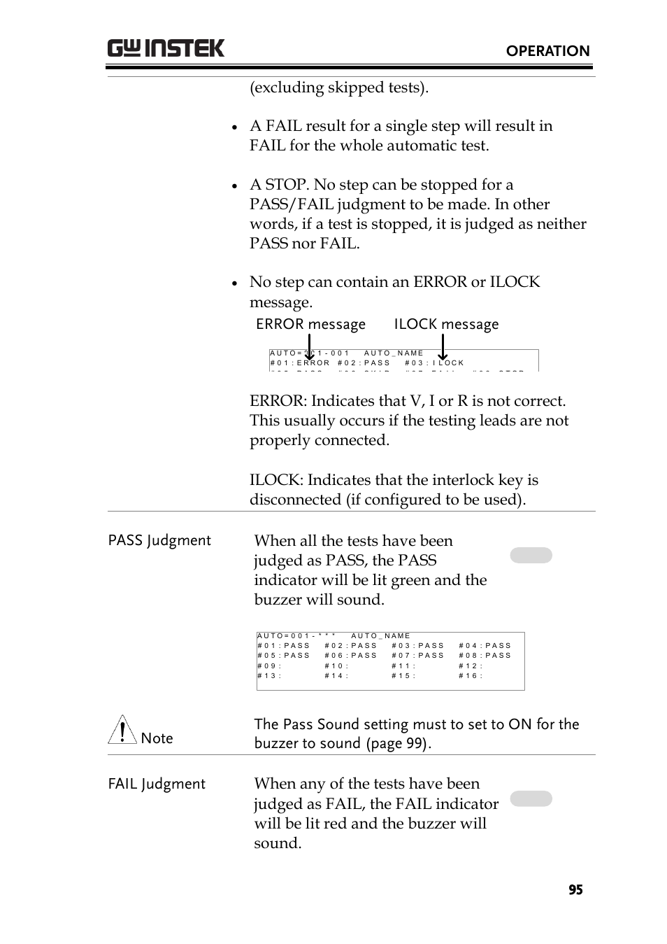 Operation, Excluding skipped tests), No step can contain an error or ilock message | Ilock message error message | GW Instek GPT-9900 series User Manual User Manual | Page 95 / 179