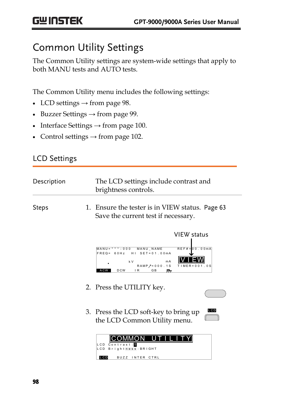 Common utility settings, Lcd settings, Lcd settings → from page 98 | Buzzer settings → from page 99, Interface settings → from pag e 100, Control settings → from page 102, Ei v, View status 2. press the utility key, Mo c mo | GW Instek GPT-9900 series User Manual User Manual | Page 98 / 179
