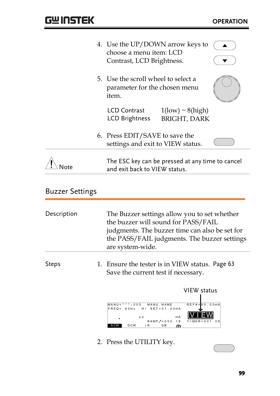 Buzzer settings, Operation, Ei v | View status 2. press the utility key | GW Instek GPT-9900 series User Manual User Manual | Page 99 / 179