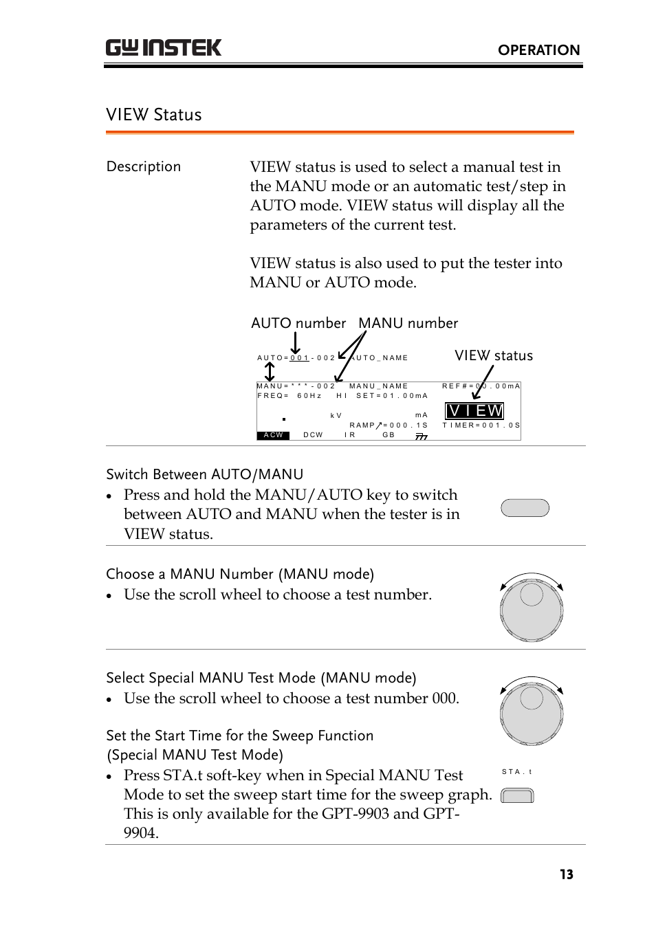 View status, Operation, Ei v | Wview status, Auto number manu number, Switch between auto/manu, Choose a manu number (manu mode) | GW Instek GPT-9900 series Quick Start Guide User Manual | Page 13 / 28