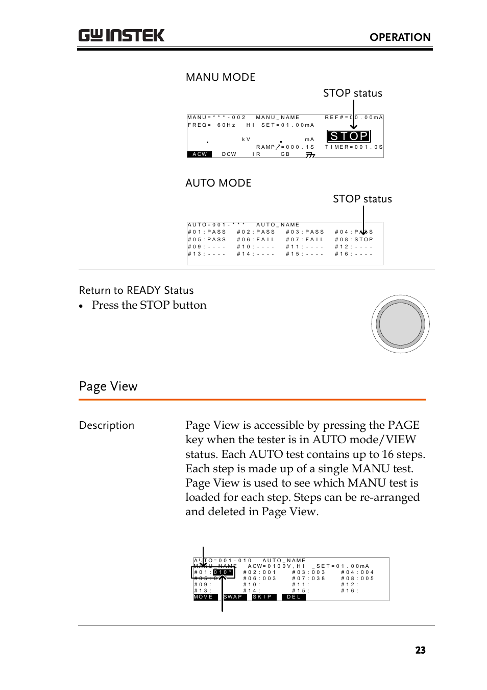 Page view, Operation, Manu mode | Ot s, Stop status, Auto mode, Stop status return to ready status, Press the stop button, Step number manu number | GW Instek GPT-9900 series Quick Start Guide User Manual | Page 23 / 28