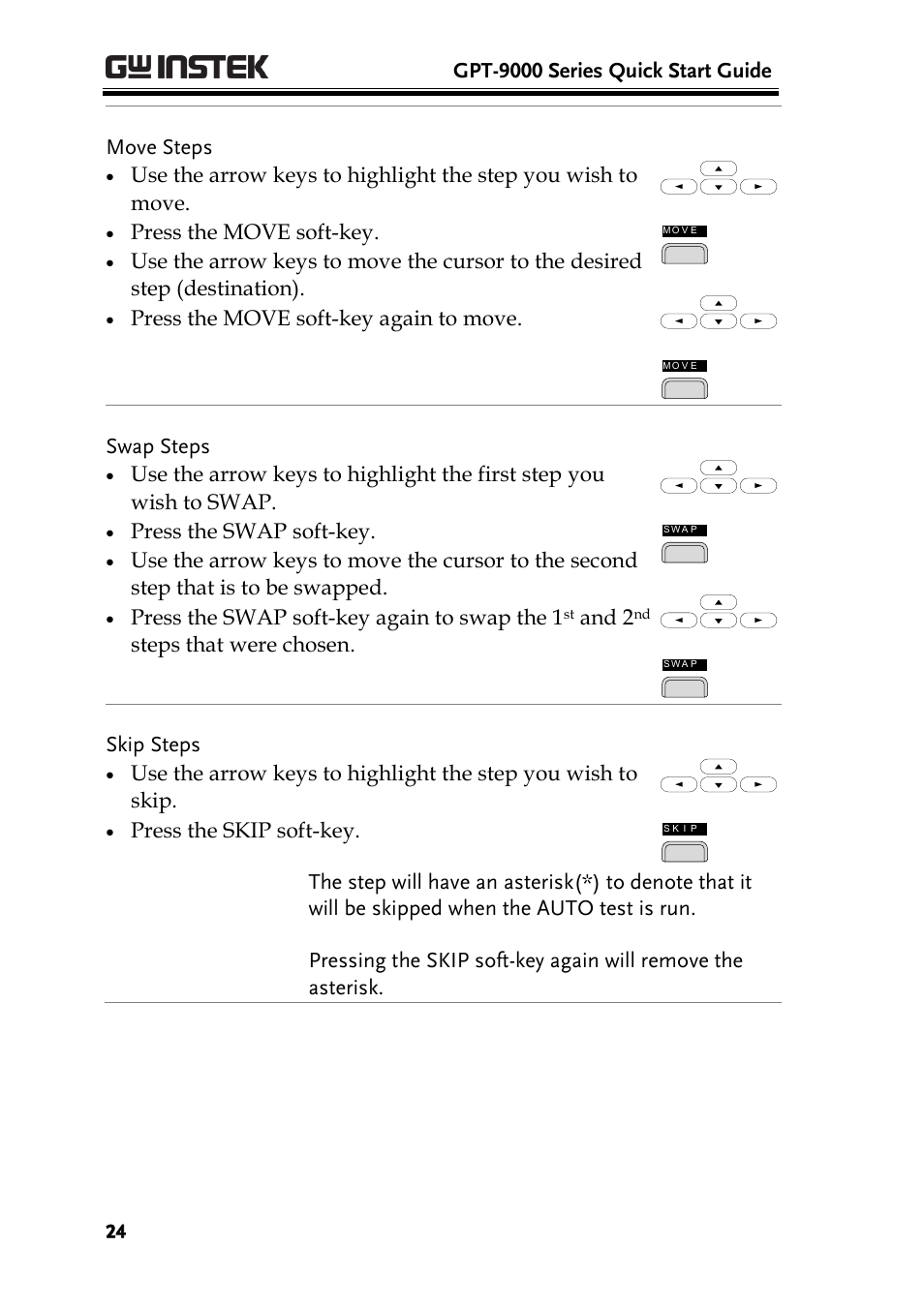 Gpt-9000 series quick start guide, Move steps, Press the move soft-key | Press the move soft-key again to move, Swap steps, Press the swap soft-key, Press the swap soft-key again to swap the 1, And 2, Steps that were chosen, Skip steps | GW Instek GPT-9900 series Quick Start Guide User Manual | Page 24 / 28