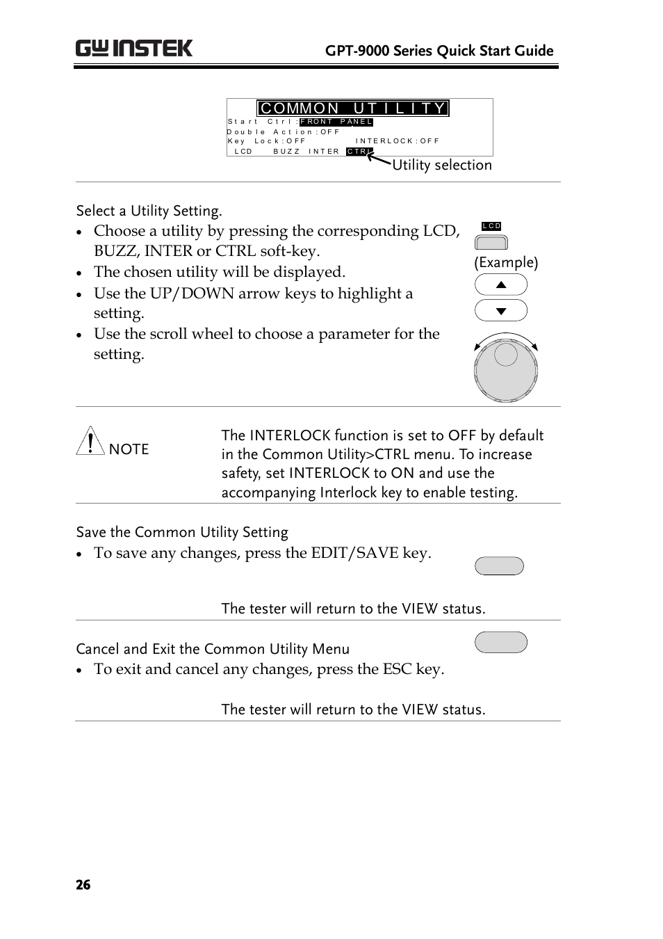 Gpt-9000 series quick start guide, Utility selection, Select a utility setting | The chosen utility will be displayed, Use the up/down arrow keys to highlight a setting, The tester will return to the view status | GW Instek GPT-9900 series Quick Start Guide User Manual | Page 26 / 28