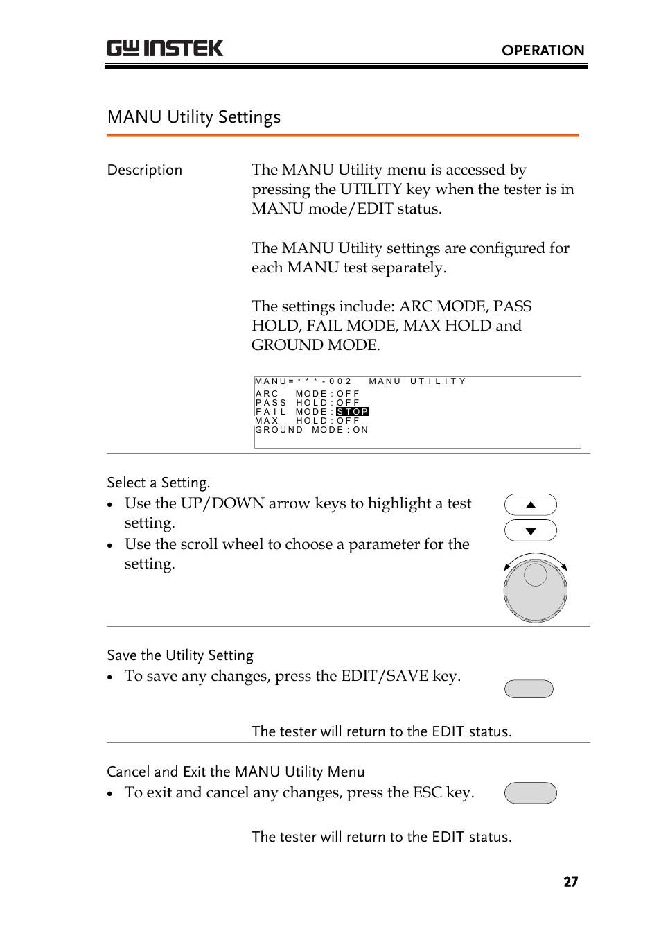 Manu utility settings, Operation, Select a setting | The tester will return to the edit status | GW Instek GPT-9900 series Quick Start Guide User Manual | Page 27 / 28